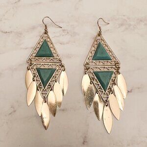BEBE Triangle Dangle Leaf Earrings | Gold & Turquoise